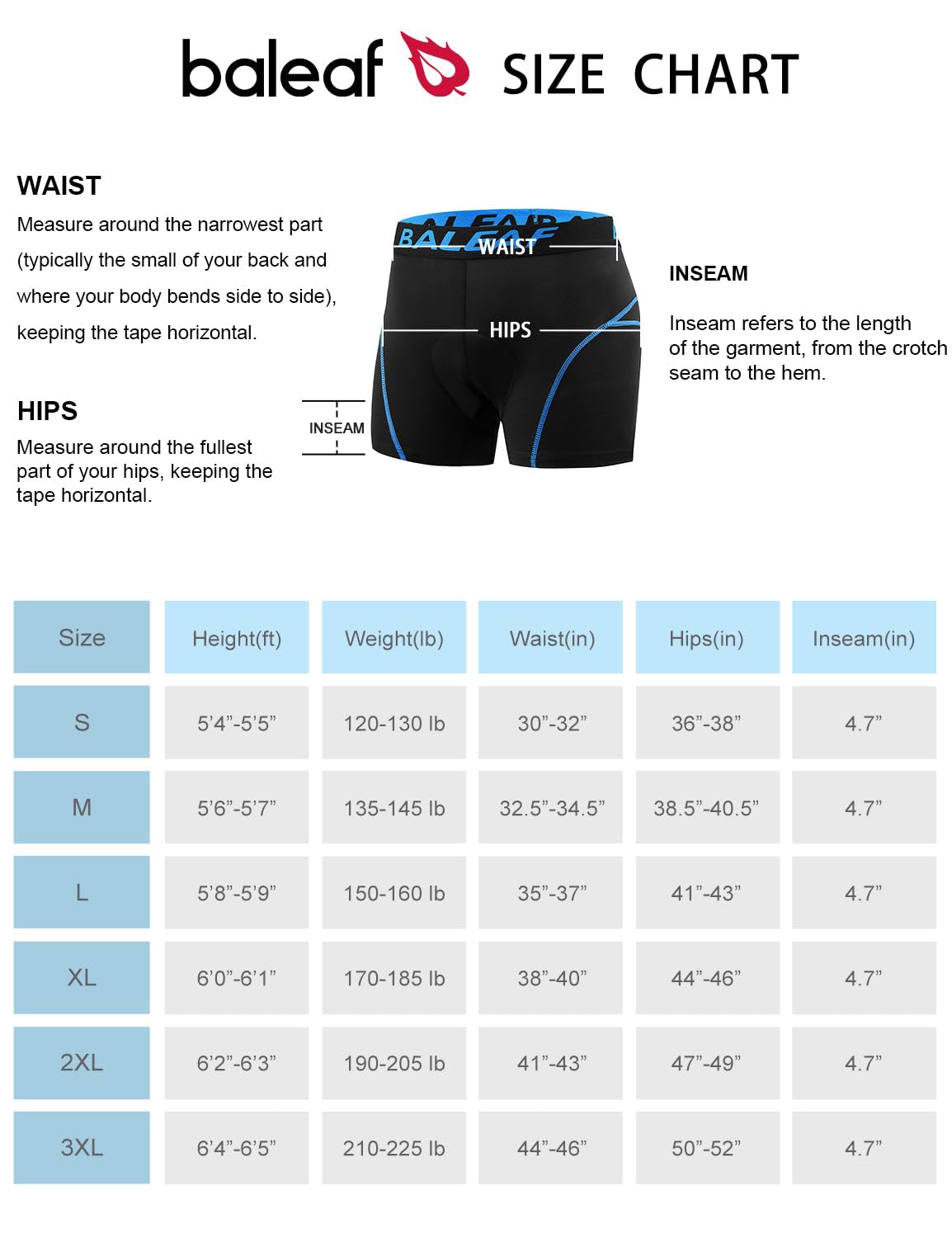 baleaf Cycling Shorts Mens Padded Undershorts Bike Short Mountain MTB Liner Riding Breathable Bicycle Underwear Blue XL