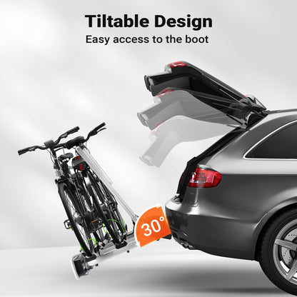 Wiltec Towbar Bike Rack for 2 Bicycles max. 60 kg Foldable Design, Car Bike Carrier, Tow Hitch Mounting, License Plate Holder, Anti-Theft Protection, Tiltable for Easy Access