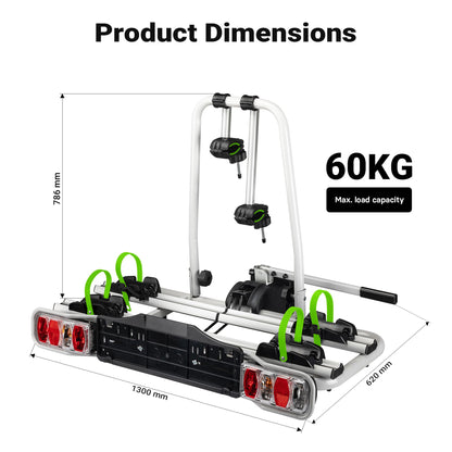 Wiltec Towbar Bike Rack for 2 Bicycles max. 60 kg Foldable Design, Car Bike Carrier, Tow Hitch Mounting, License Plate Holder, Anti-Theft Protection, Tiltable for Easy Access