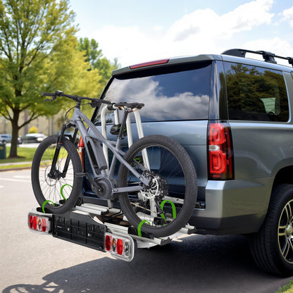 Wiltec Towbar Bike Rack for 2 Bicycles max. 60 kg Foldable Design, Car Bike Carrier, Tow Hitch Mounting, License Plate Holder, Anti-Theft Protection, Tiltable for Easy Access