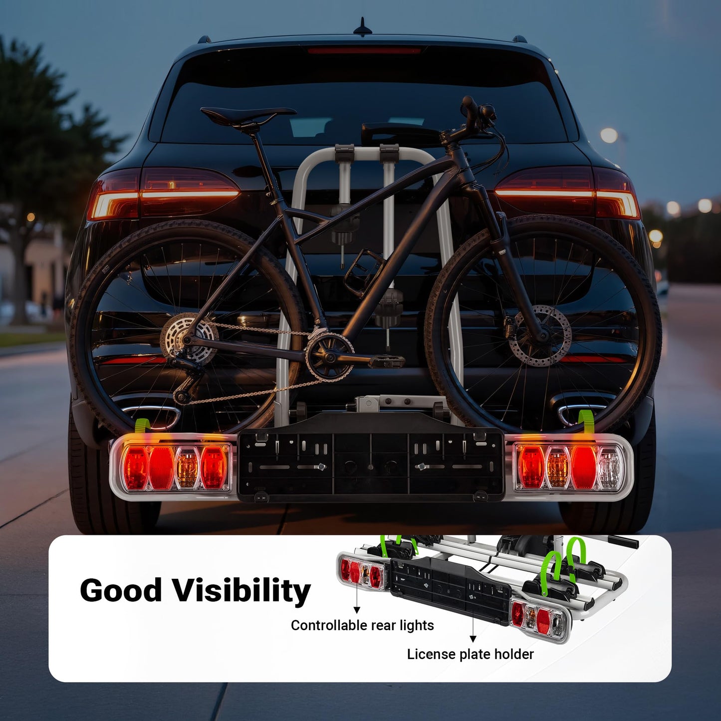 Wiltec Towbar Bike Rack for 2 Bicycles max. 60 kg Foldable Design, Car Bike Carrier, Tow Hitch Mounting, License Plate Holder, Anti-Theft Protection, Tiltable for Easy Access