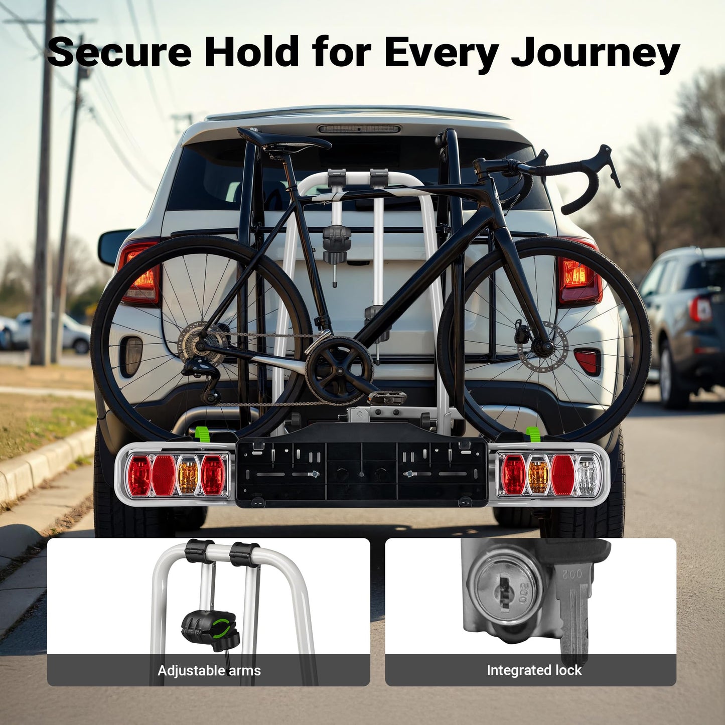 Wiltec Towbar Bike Rack for 2 Bicycles max. 60 kg Foldable Design, Car Bike Carrier, Tow Hitch Mounting, License Plate Holder, Anti-Theft Protection, Tiltable for Easy Access