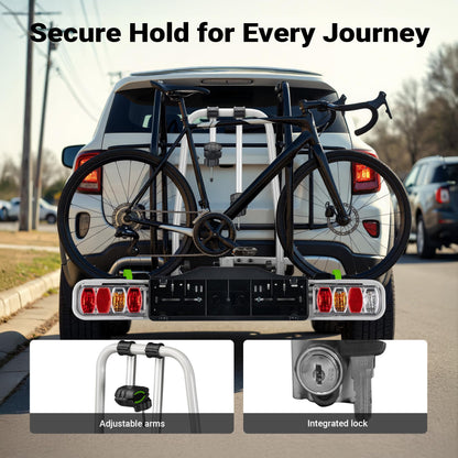 Wiltec Towbar Bike Rack for 2 Bicycles max. 60 kg Foldable Design, Car Bike Carrier, Tow Hitch Mounting, License Plate Holder, Anti-Theft Protection, Tiltable for Easy Access